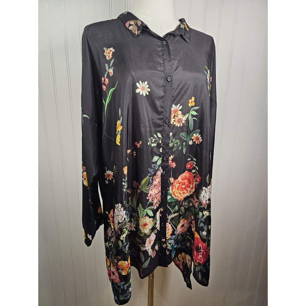 Johnny Was Houstein Jarah Boho 100% Silk Button Down Blouse Shirt Size L Floral